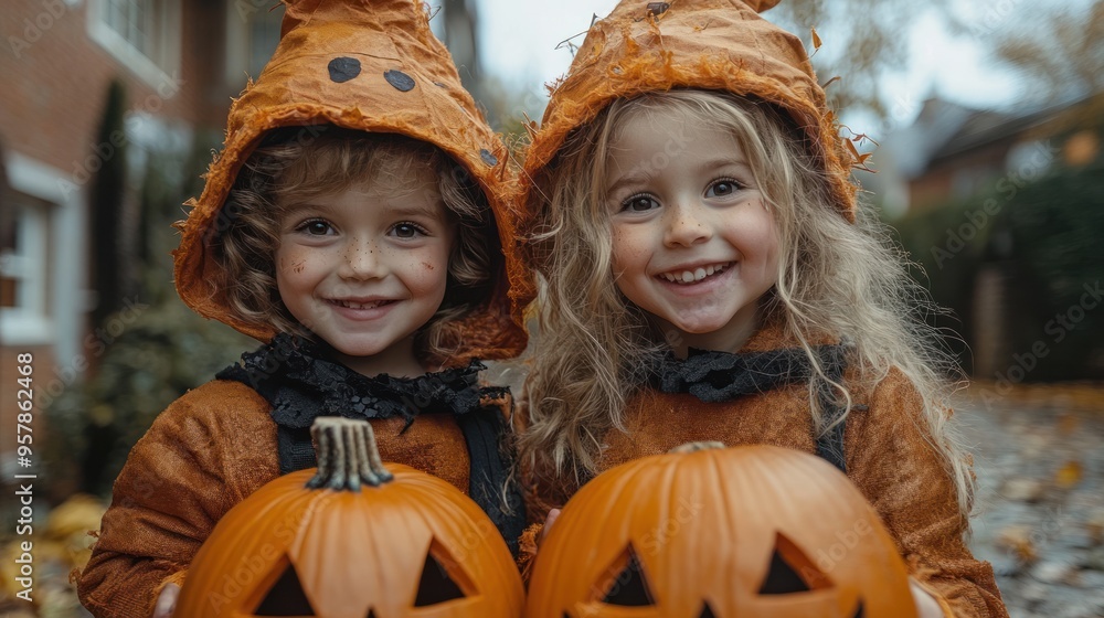 Two children in pumpkin costumes holding carved pumpkins outdoors. Two children in pumpkin costumes holding carved pumpkins outdoors.
