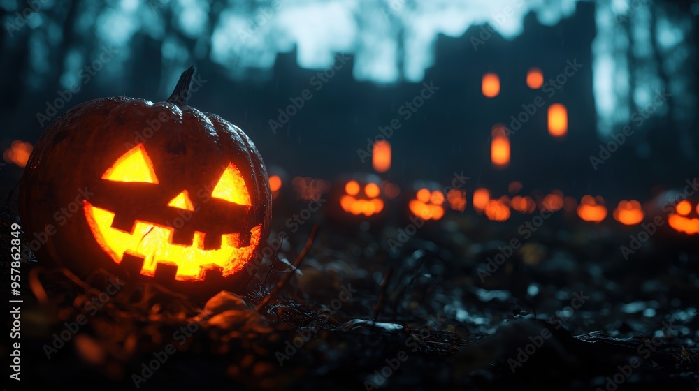 Fototapeta premium Mystical Atmosphere at Forgotten Castle Ruin with Glowing Jackolanterns, Copy Space, Selective Focus, Ultra HD