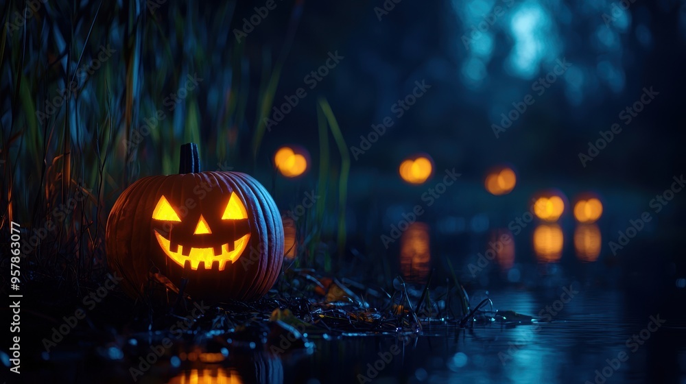 Fototapeta premium Illuminated Jackolanterns on Tranquil Riverbank with Copy Space, Selective Focus, Ultra HD