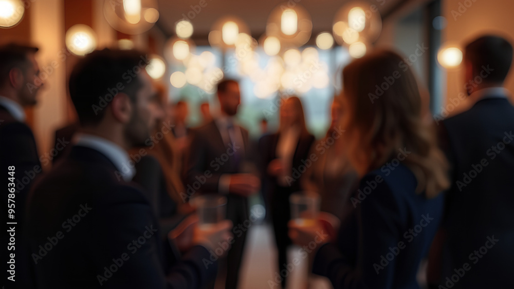 A blurred shot of business people networking at an office party with soft lighting and bokeh effects creating a warm social atmosphere A blurred shot of business people networking at an office party with soft lighting and bokeh effects creating a warm social atmosphere