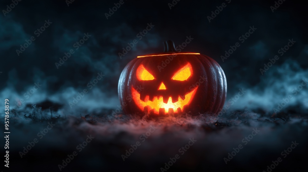 Eerie Glowing Jack-o'-lantern in Swirling Fog for Haunted Halloween Vibes Eerie Glowing Jack-o'-lantern in Swirling Fog for Haunted Halloween Vibes