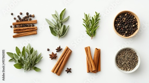Fototapeta Naklejka Na Ścianę i Meble -  Bird’s-eye view of herbs and spices on a plain background, used as cooking ingredients