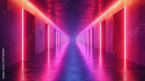 3D animation of an abstract neon background with colorful glowing lines sliding down in a virtual empty room. photo