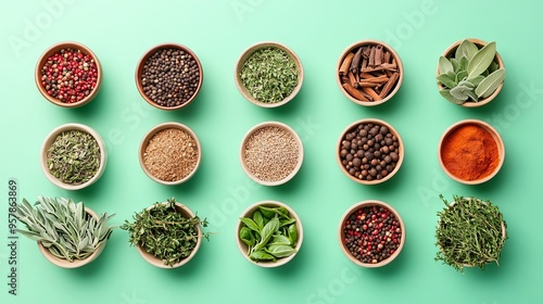 Fototapeta Naklejka Na Ścianę i Meble -  Bird’s-eye view of herbs and spices on a plain background, used as cooking ingredients