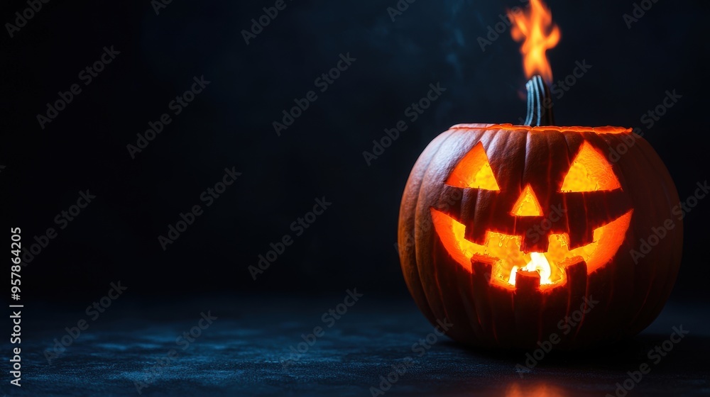 Eerie Glowing Jack-o'-lanter with Flames Inside in Intense Halloween Lighting Eerie Glowing Jack-o'-lanter with Flames Inside in Intense Halloween Lighting