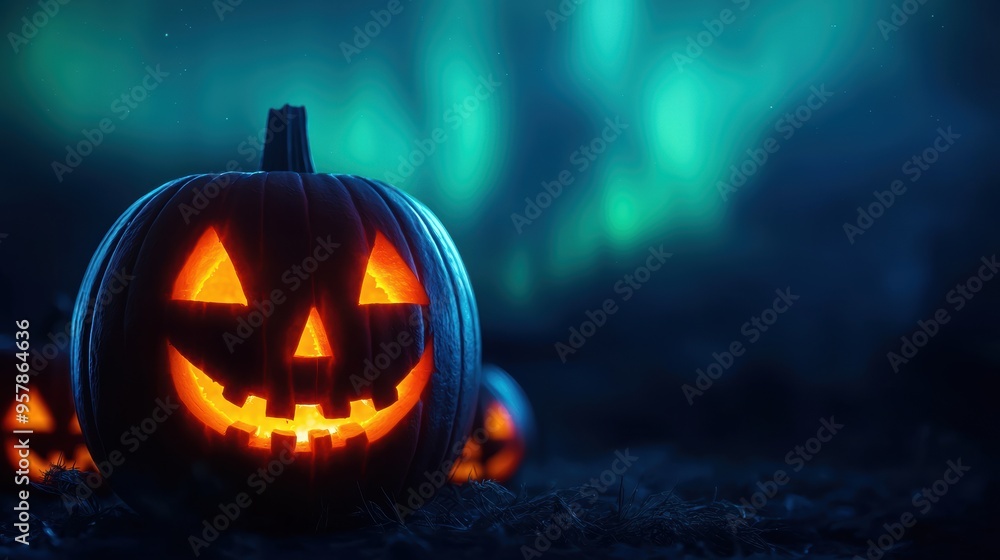 Enchanting Aurora Jack-O'-Lanterns: Surreal Halloween Night Scene with Glowing Carved Pumpkins Against Breathtaking Northern Lights Background Enchanting Aurora Jack-O'-Lanterns: Surreal Halloween Night Scene with Glowing Carved Pumpkins Against Breathtaking Northern Lights Background