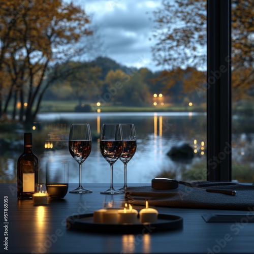 Romantic Autumn Evening by the Fireplace with Wine Glasses and Candles, Cozy Fall Decor Ideas for a Relaxing Night In photo