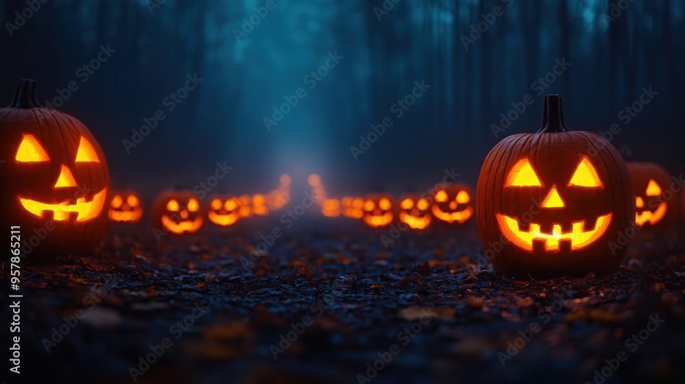 Enchanted Jack-o'-Lantern Pathway to the Foggy Forest - Halloween Journey Concept with Copy Space Enchanted Jack-o'-Lantern Pathway to the Foggy Forest - Halloween Journey Concept with Copy Space