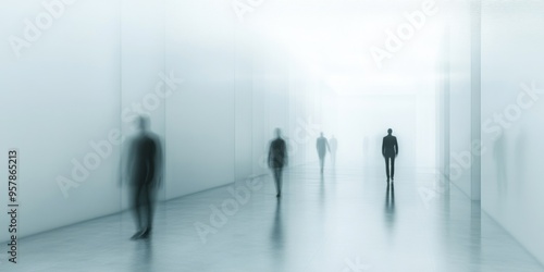 Epic Composition of People Walking with Blurred Motion, White Background, Artistic Telephoto Perspective.