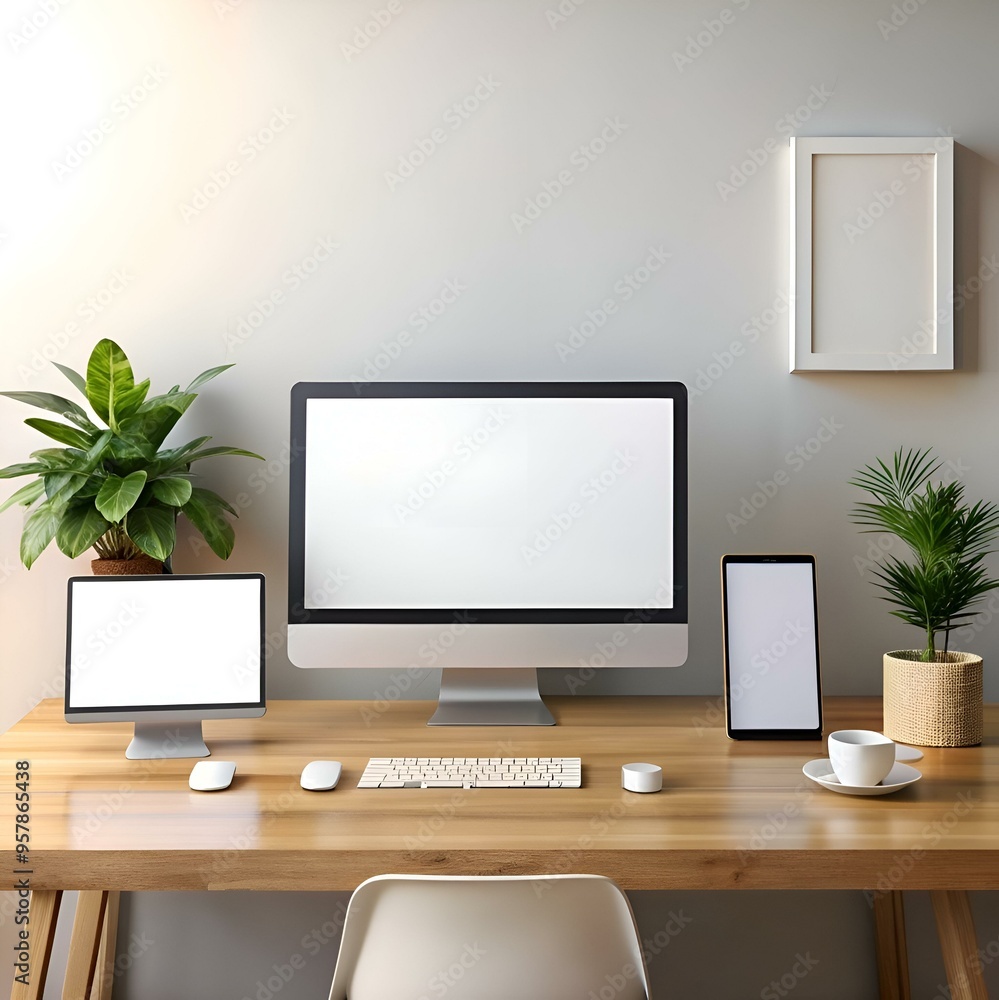A Modern Workspace with Computer and Tablet Mockups. A Modern Workspace with Computer and Tablet Mockups.
