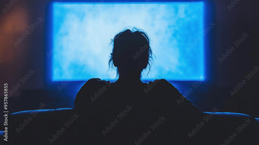 A woman is sitting in front of a television with a blue screen. She is watching a movie or a show A woman is sitting in front of a television with a blue screen. She is watching a movie or a show
