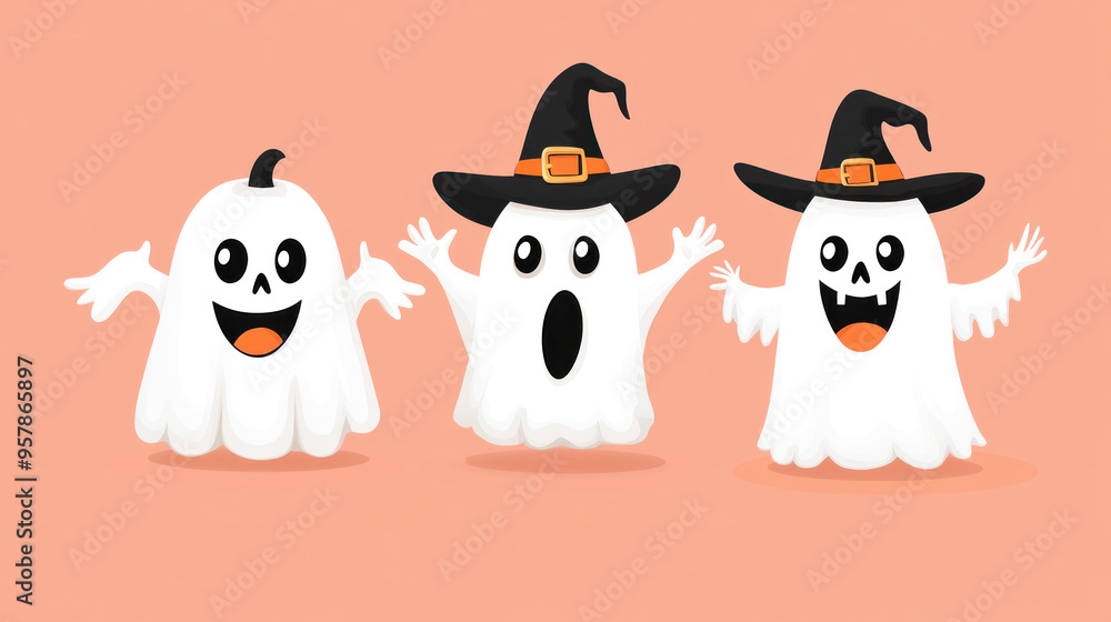 Three white ghosts with black hats and orange pumpkins. The ghosts are smiling and one of them is making an Three white ghosts with black hats and orange pumpkins. The ghosts are smiling and one of them is making an