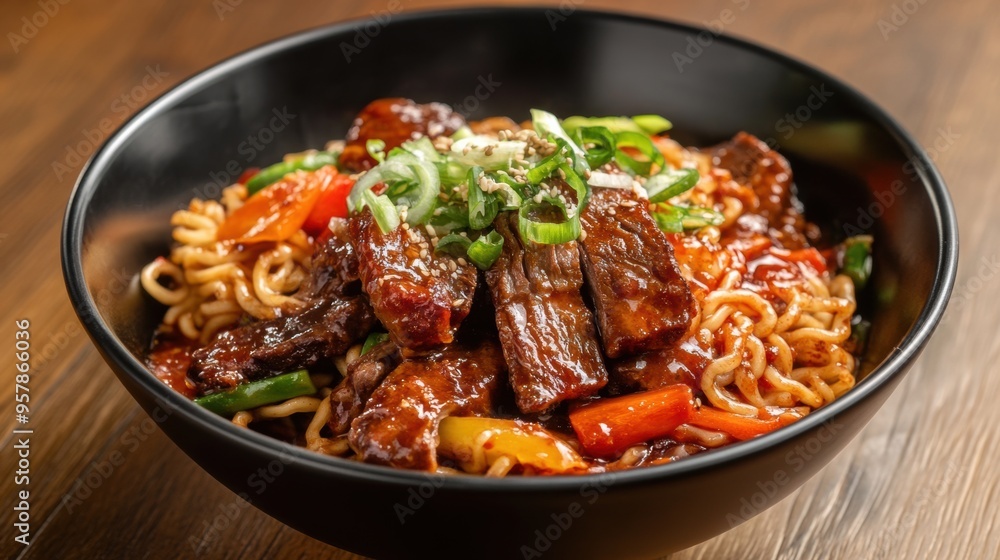 Spicy Beef and Noodle Bowl with Fresh Vegetables in Black Ceramic Dish Spicy Beef and Noodle Bowl with Fresh Vegetables in Black Ceramic Dish