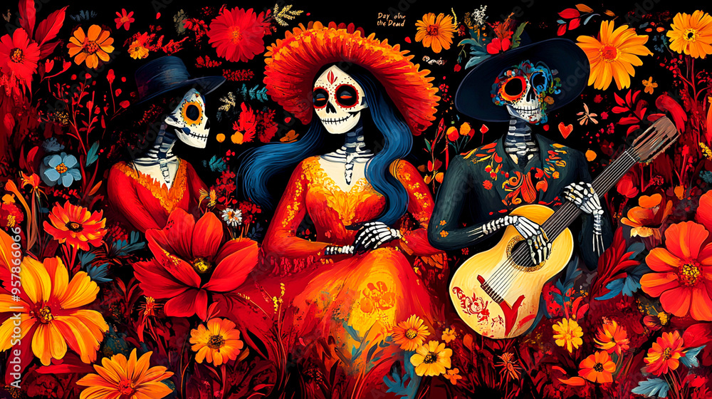 Celebrating Day of the Dead - Vibrant Folk Art Illustration with Rich Colors Celebrating Day of the Dead - Vibrant Folk Art Illustration with Rich Colors