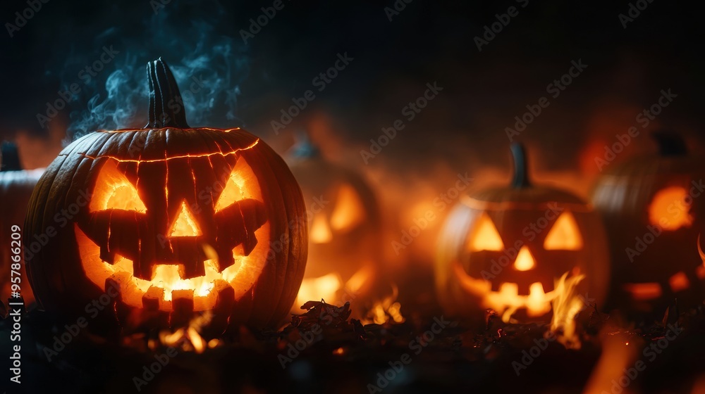 Fiery Animated Pumpkins - Dynamic Halloween Decor with Copy Space Fiery Animated Pumpkins - Dynamic Halloween Decor with Copy Space