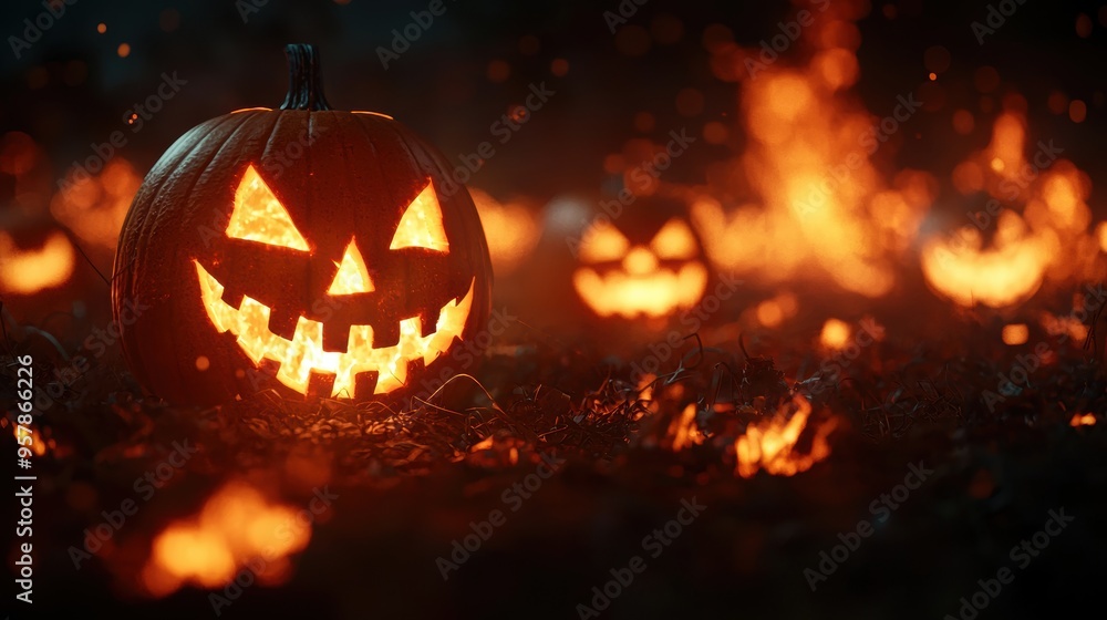 Fototapeta premium Dynamic Halloween Pumpkins with Animated Fire Effects and Copy Space for Text