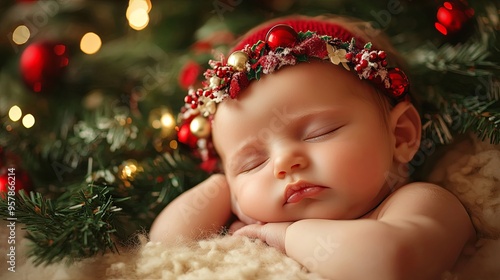 Newborn baby on christmas background