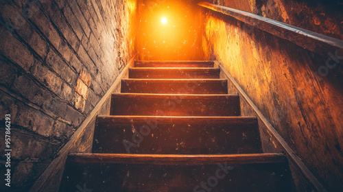 A staircase with a light shining through the top of it. The light is orange and the staircase is made of wood