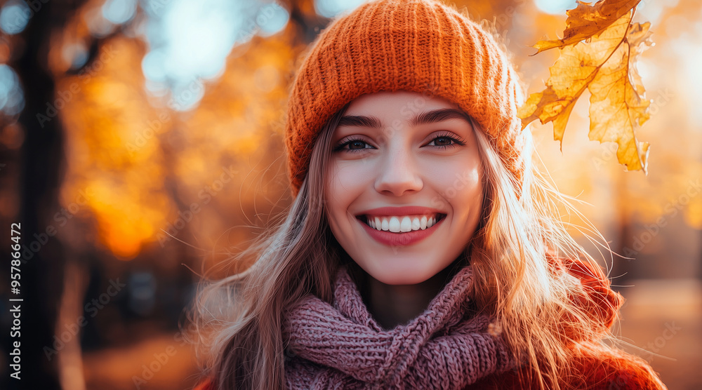 a woman, medium smile, autumn concept a woman, medium smile, autumn concept