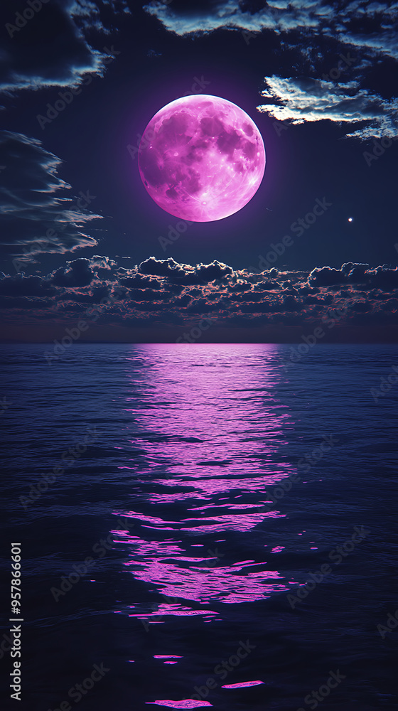 A stunning visual of a bright moon shining over an ocean at twilight, casting an iridescent reflection on the water's surface A stunning visual of a bright moon shining over an ocean at twilight, casting an iridescent reflection on the water's surface