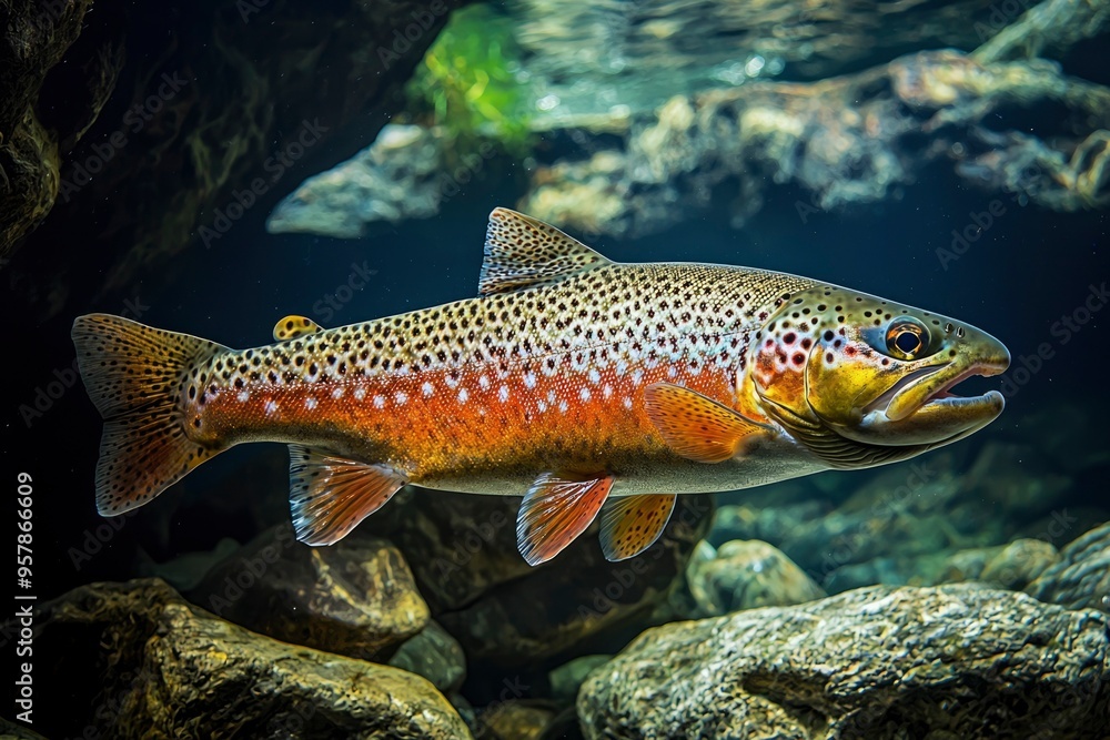 Fototapeta premium Brown Trout Swimming in a Riverbed