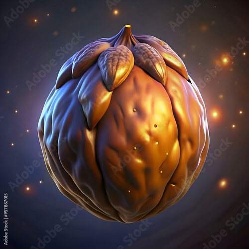 A 3D illustration of a shiny. golden Okari nut with detailed texture and a soft glow. photo