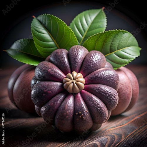 A close up 3D illustration of a Pitomba fruit. with a vibrant purple hue and a unique star shaped blossom. photo