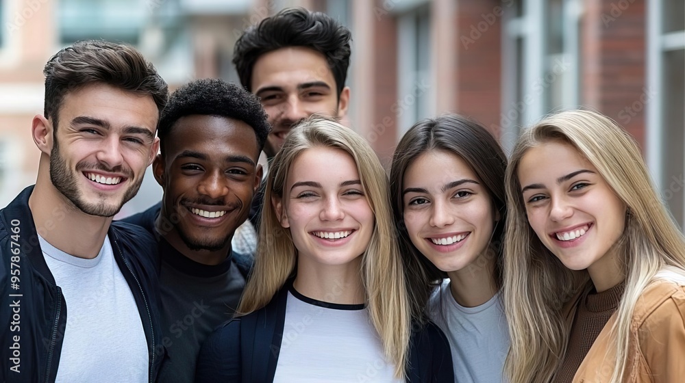 A diverse group of young friends smiling together outdoors, showcasing joy and connection in an urban environment. A diverse group of young friends smiling together outdoors, showcasing joy and connection in an urban environment.