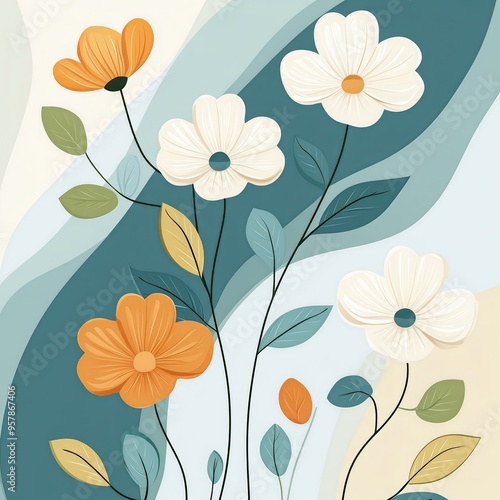 Abstract floral illustration with vibrant flowers and leaves in artistic design. Perfect for greeting cards and home decor.