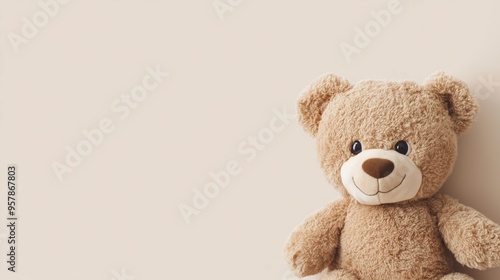 A single brown teddy bear on a light brown background 