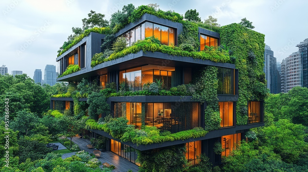 Urban environment with integrated natural elements, such as vertical gardens, green walls, and rooftop parks. The scene includes modern city buildings combined with lush greenery and eco-friendly desi Urban environment with integrated natural elements, such as vertical gardens, green walls, and rooftop parks. The scene includes modern city buildings combined with lush greenery and eco-friendly desi