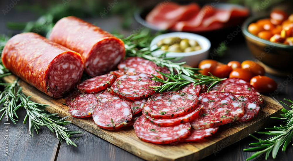 Fresh italian ham and salami with herbs Fresh italian ham and salami with herbs
