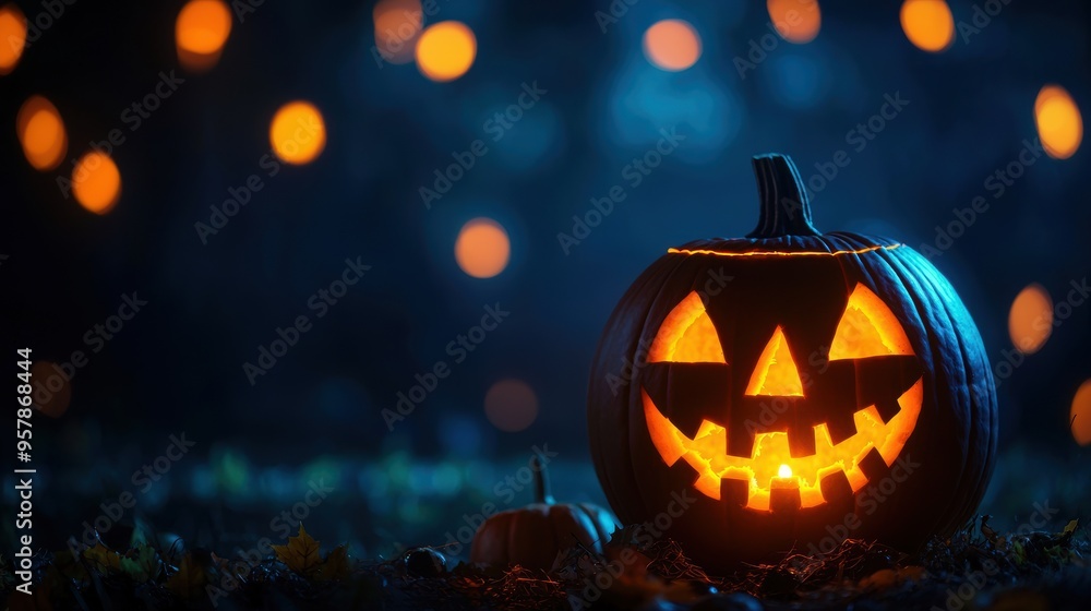 Fototapeta premium Illuminated Abstract Pumpkins: Creative Halloween Decor with Copy Space