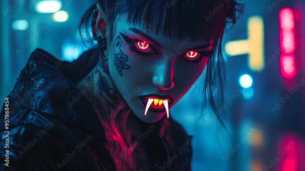 A cyberpunk vampire with glowing fangs and neon tattoos roaming the city on Halloween festival A cyberpunk vampire with glowing fangs and neon tattoos roaming the city on Halloween festival