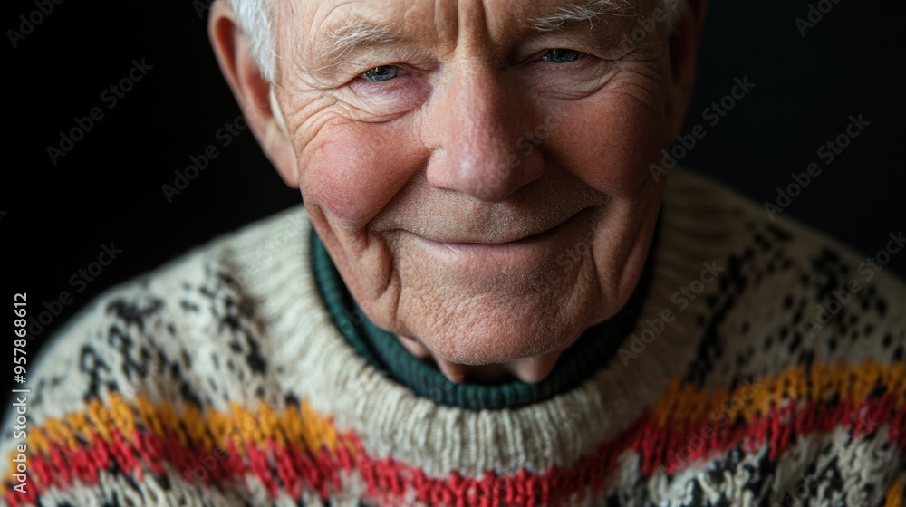 Cheerful Elderly Man with Warm Smile and Knit Sweater Indoors Cheerful Elderly Man with Warm Smile and Knit Sweater Indoors