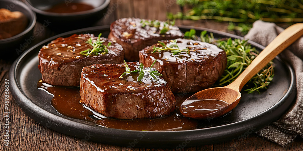 Beef fillet steaks with sauce on the plate, generative AI Beef fillet steaks with sauce on the plate, generative AI