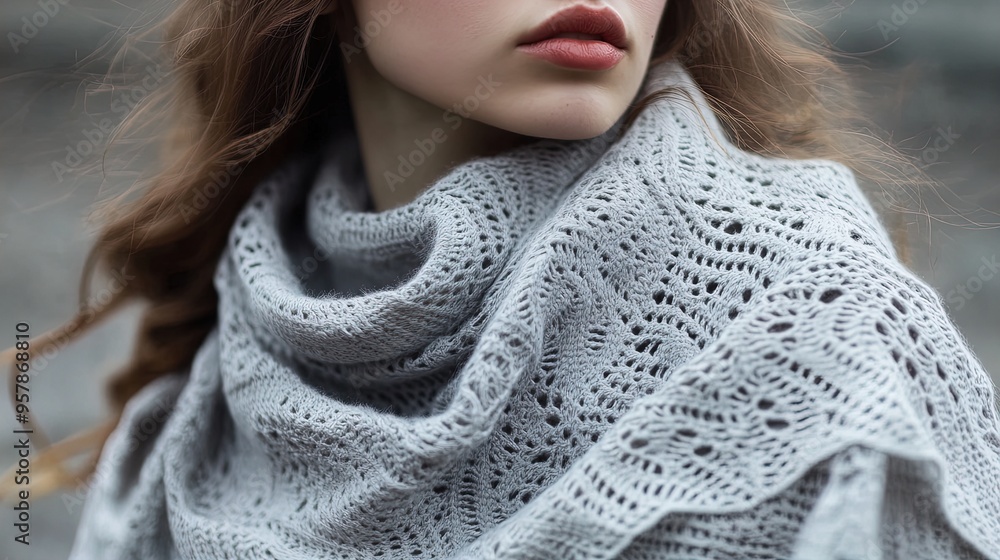 Elevate Your Winter Style with an Elegant Lace-Knit Scarf in Soft Dove Grey – Perfect for Fashion Posters or Cozy Interior Décor! Elevate Your Winter Style with an Elegant Lace-Knit Scarf in Soft Dove Grey – Perfect for Fashion Posters or Cozy Interior Décor!