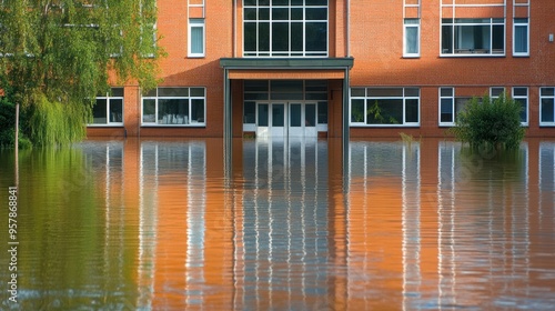 Flooded urban building with water reflections during a disaster or weather emergency