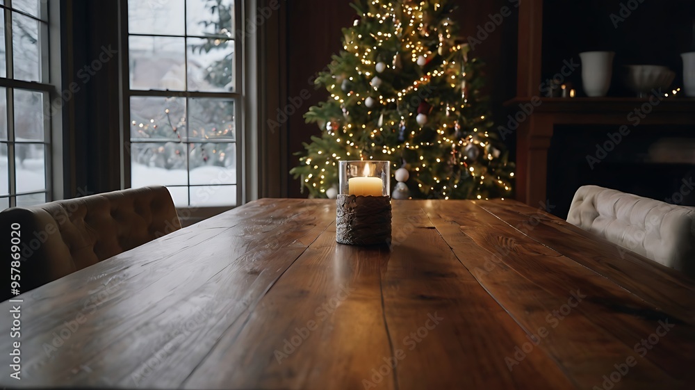 Wood dining table with copy space and christmas tree in the background. Wood dining table with copy space and christmas tree in the background.