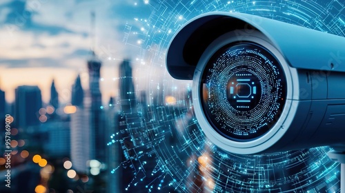 Modern surveillance camera with digital interface over a cityscape, showcasing urban security technology in action.