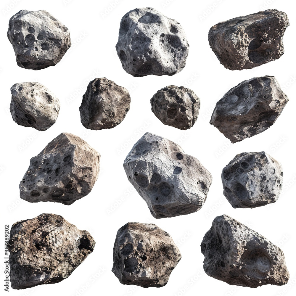 A collection of realistic asteroids rendered in high detail, displayed against a transparent backdrop A collection of realistic asteroids rendered in high detail, displayed against a transparent backdrop