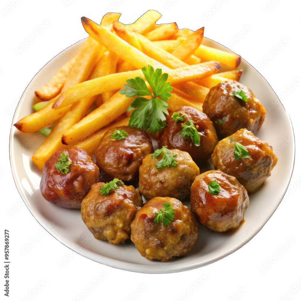 Round shaped balls of dry meatballs and french fries isolated on transparent background Round shaped balls of dry meatballs and french fries isolated on transparent background