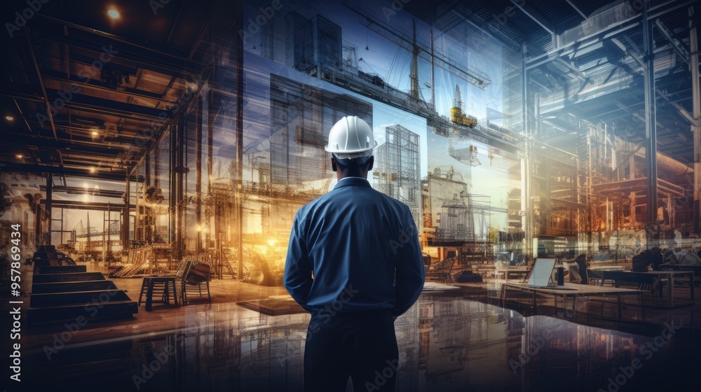 Engineer Overlooking Construction Site with Modern Architectural Structures and Industrial Machinery Engineer Overlooking Construction Site with Modern Architectural Structures and Industrial Machinery