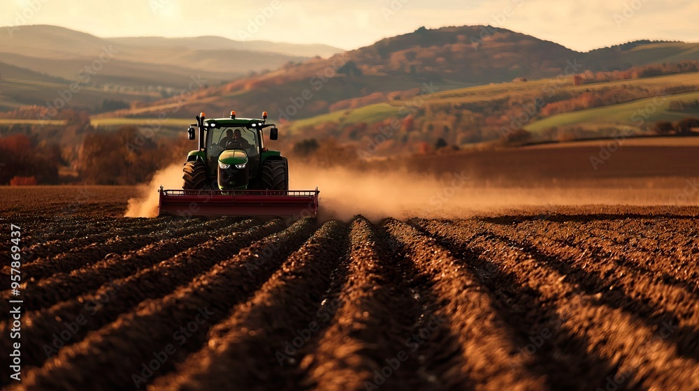 Fototapeta premium A tractor working the field during sunset, creating dust and highlighting the beauty of rural agriculture and nature.