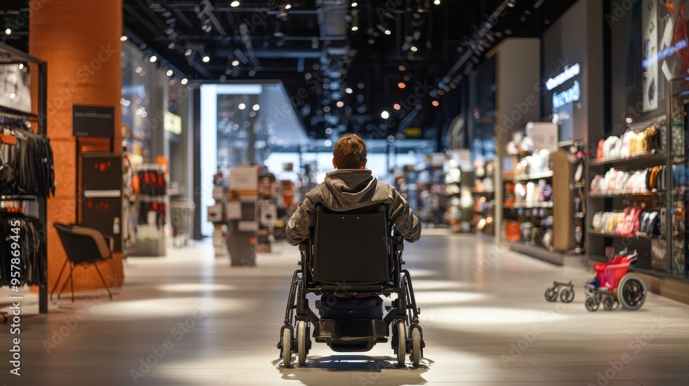 A young person using an electric wheelchair to navigate a modern retail store, surrounded by stylish displays, showcasing how mobility devices empower independence in everyday shopping experiences A young person using an electric wheelchair to navigate a modern retail store, surrounded by stylish displays, showcasing how mobility devices empower independence in everyday shopping experiences