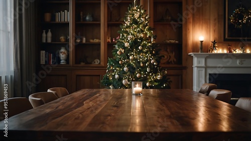Wood dining table with copy space and christmas tree in the background.