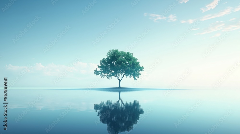 A serene landscape with a single tree with reflection in water, symbolizing growth and recovery from PTSD. A serene landscape with a single tree with reflection in water, symbolizing growth and recovery from PTSD.