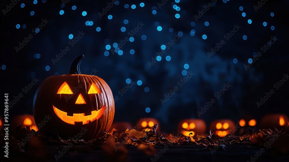 Enchanting Floating Jack o' Lanterns in Mystical Halloween Night Sky with Copy Space, Selective Focus - Ultra HD Enchanting Floating Jack o' Lanterns in Mystical Halloween Night Sky with Copy Space, Selective Focus - Ultra HD