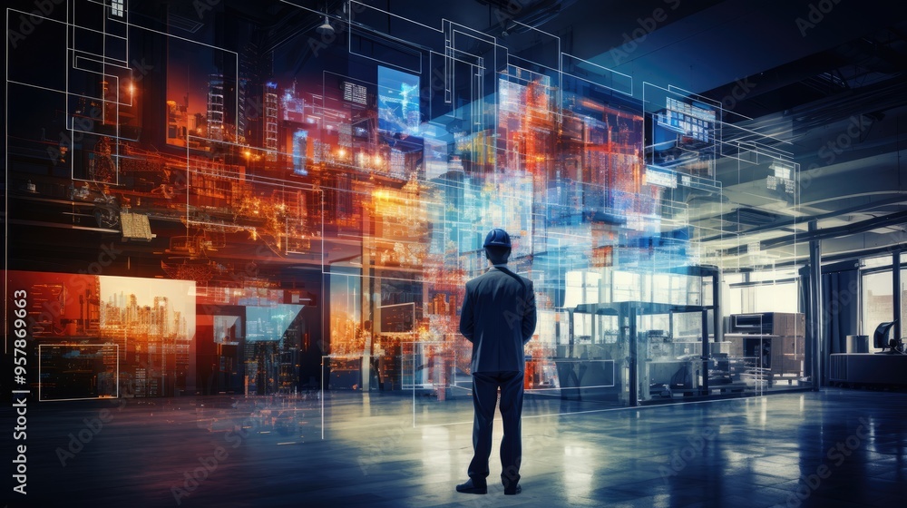 Engineer Analyzing Futuristic Digital Interface in Modern Industrial Facility Engineer Analyzing Futuristic Digital Interface in Modern Industrial Facility