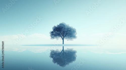 A serene landscape with a single tree with reflection in water, symbolizing growth and recovery from PTSD.